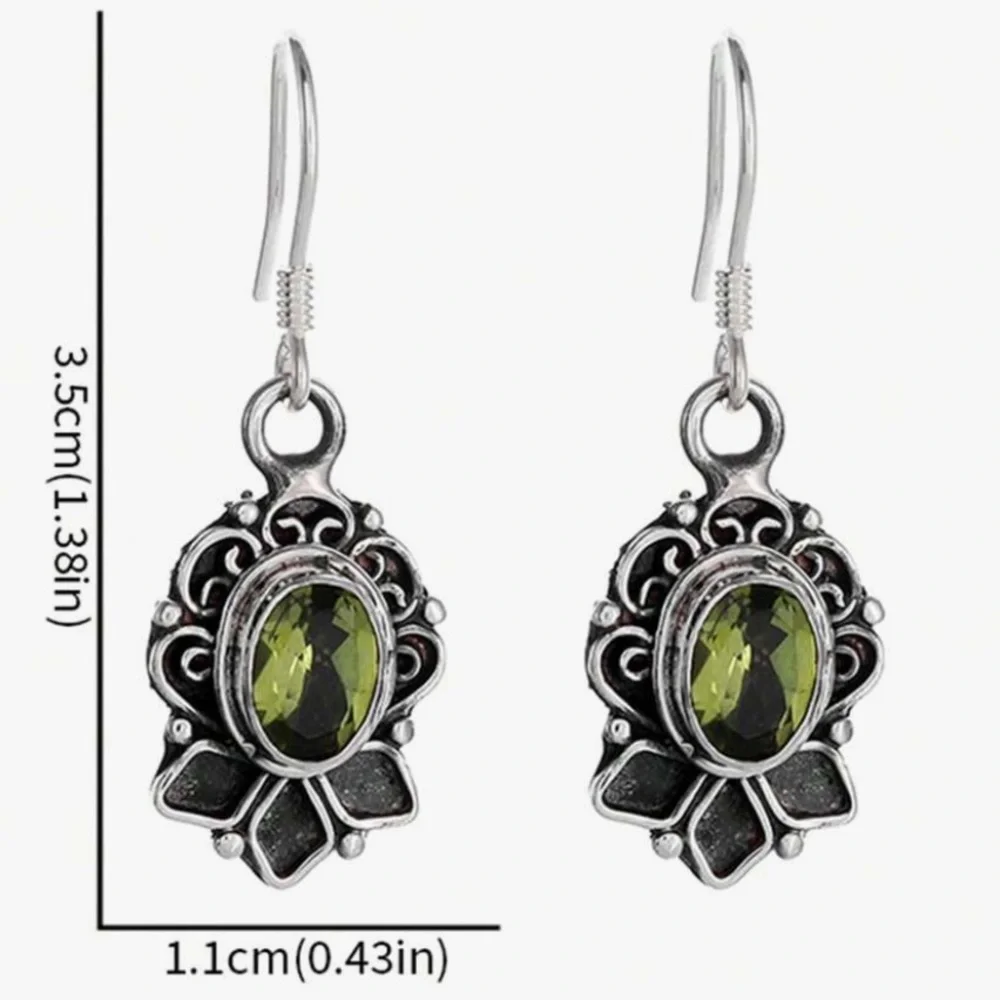 Silver Ornamental Olive Green Crystal Drop Earrings - Picture 4 of 5